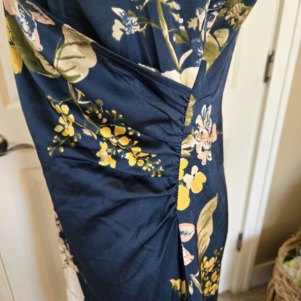 Floral Navy V Neck Slip Dress Satin Feel - Picture 6 of 9